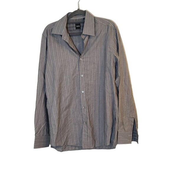 BOSS Hugo Boss Long Sleeve Button Up Dress Shirt Gray Stripe Pattern Size Medium - Picture 1 of 9